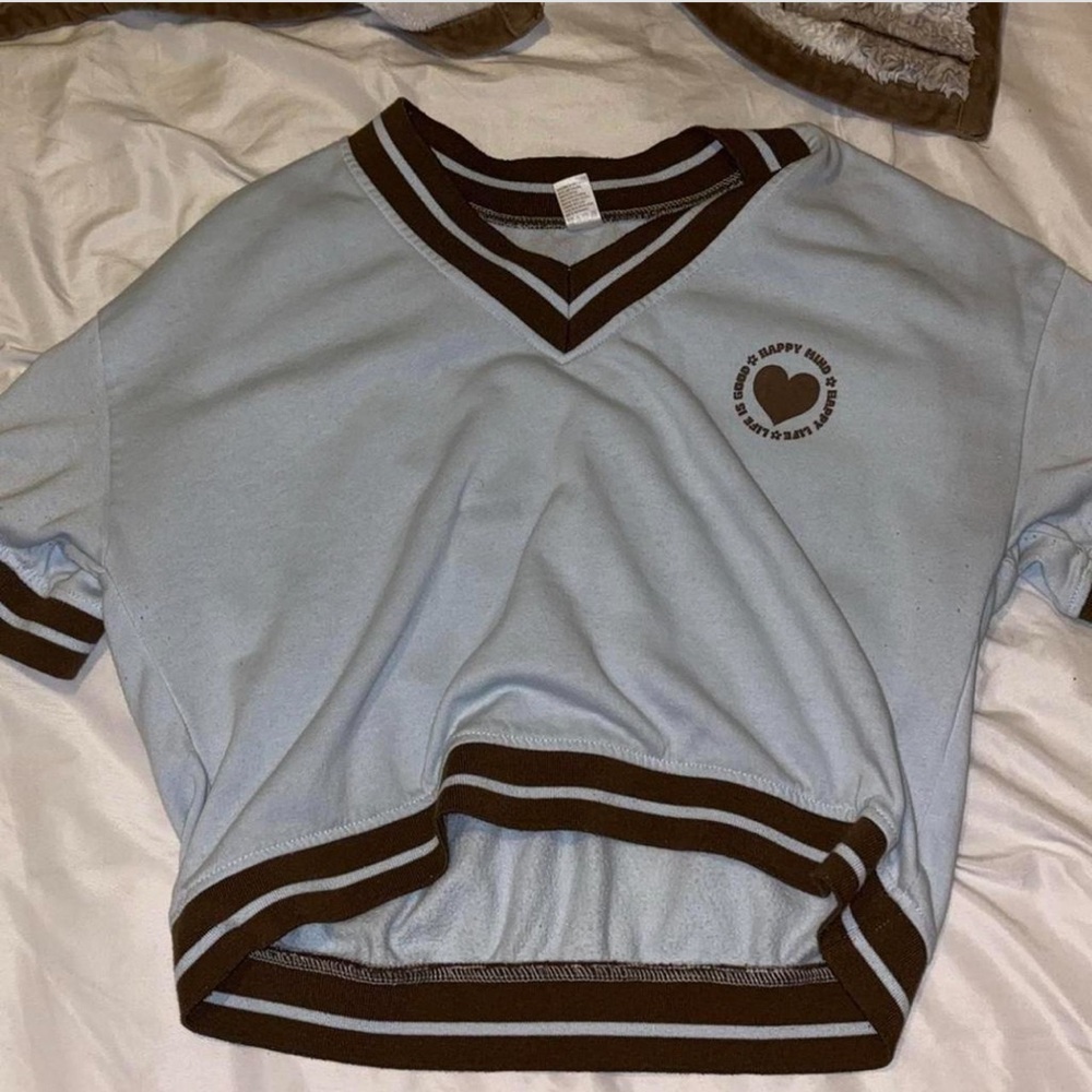 Light Blue & Brown Crop Top with Heart Graphic